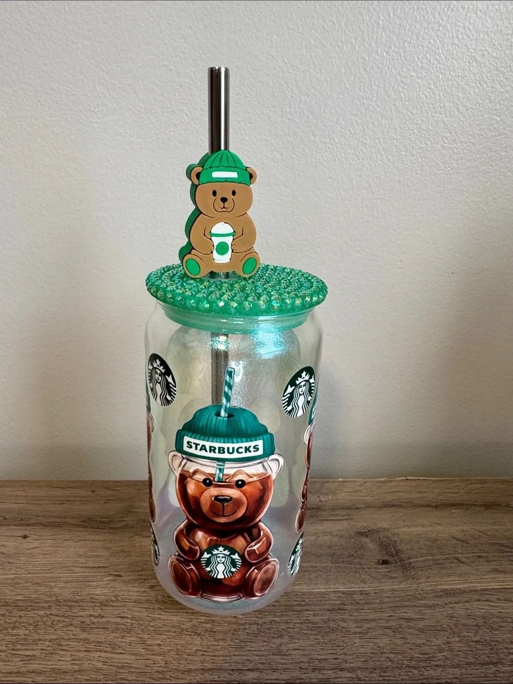 Starbucks Bear Glass Tumbler with Green Lid and Straw